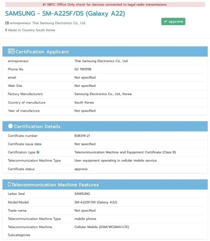 三星Galaxy  A22 4G即将推出NBTC认证