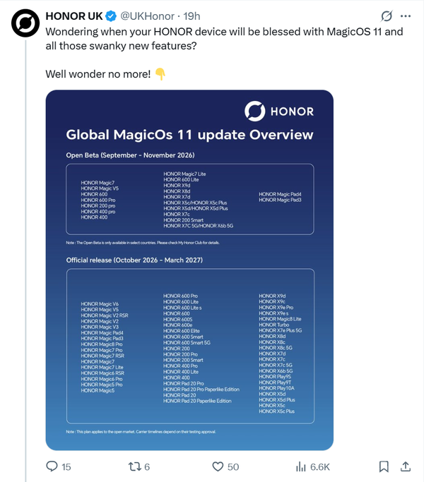 荣耀MagicOS 11全球推送时间表公布 覆盖多款机型