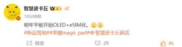 荣耀新Magic Pad被曝配备OLED屏幕 或支持eSIM功能