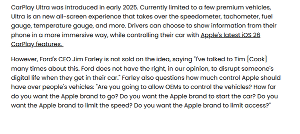 福特CEO回应不使用CarPlay Ultra:不认可苹果策略