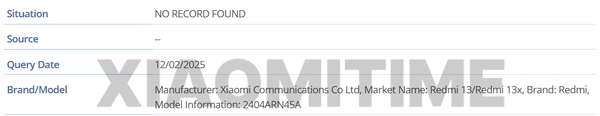 红米REDMI 13X新机现身IMEI数据库 后置1.08亿主摄