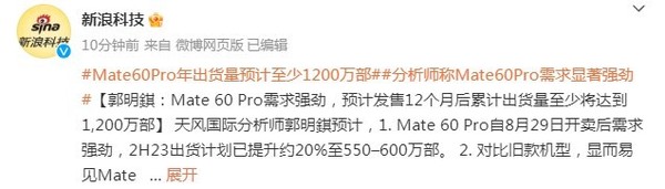 郭明錤:华为Mate60 Pro需求强劲 出货量至少1200万部