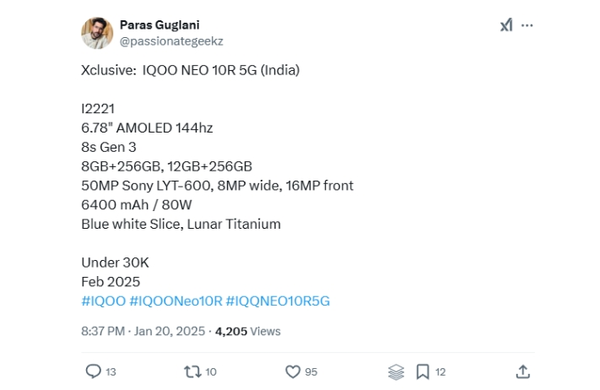 曝iQOO Neo 10R 5G将于2月在海外发布 支持144Hz高刷