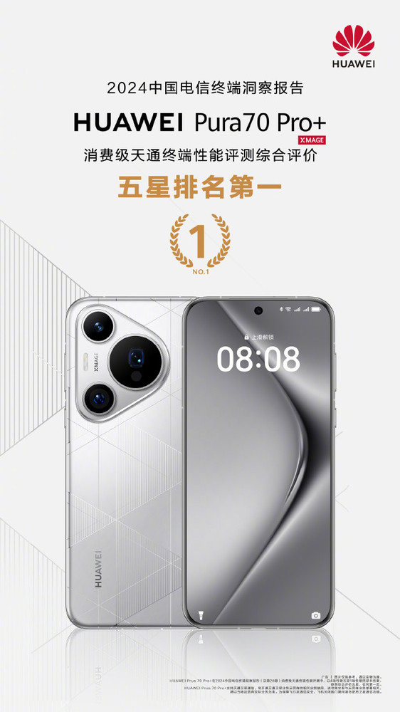 华为Pura 70 Pro+获中国电信终端评测五星 排名第一