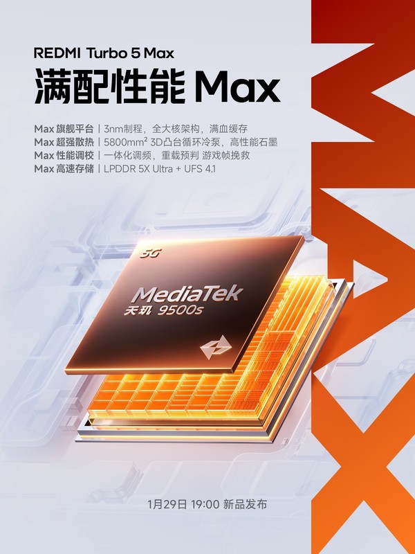 REDMI Turbo 5 Max性能配置公布 搭载3D凸台循环冷泵