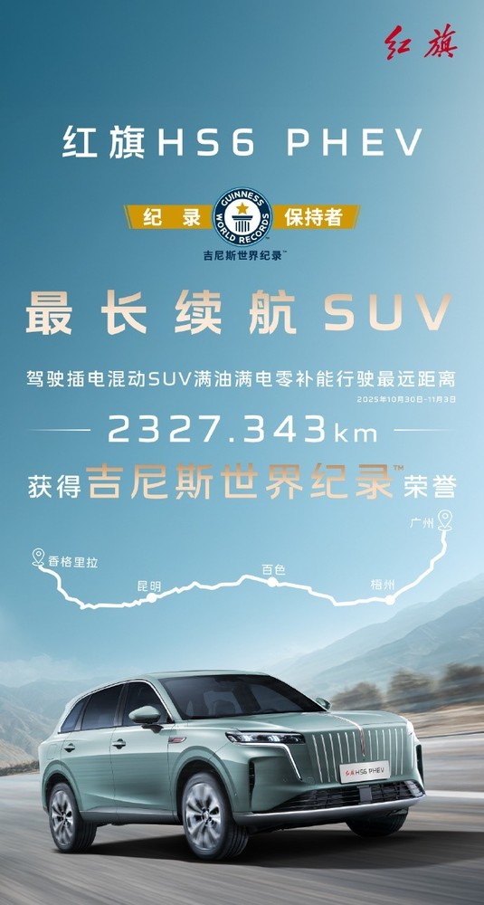 红旗HS6 PHEV获吉尼斯记录 续航最高达2327.343km