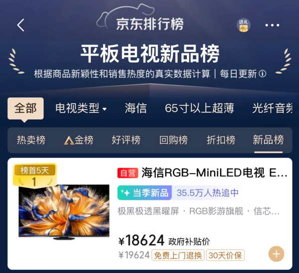 新款RGB电视哪款值得买？海信E8S Pro连续霸榜5天