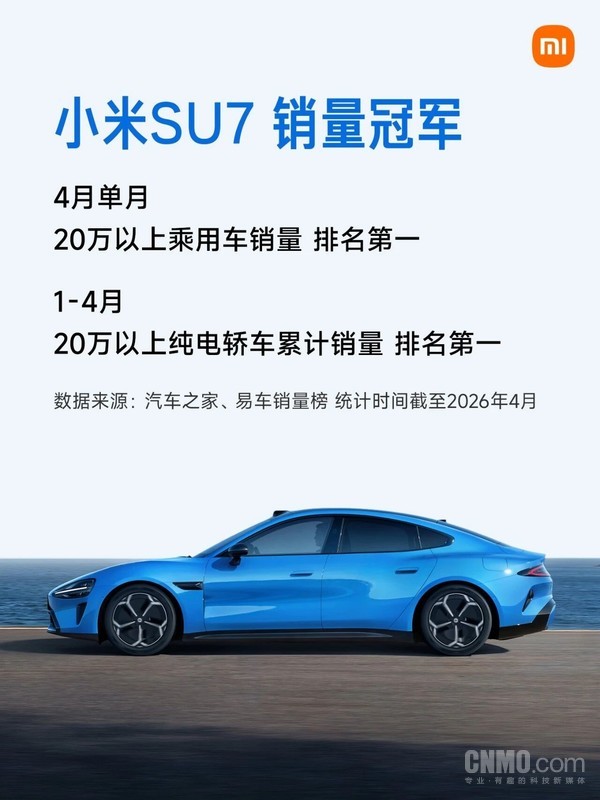 小米SU7获20万以上纯电轿车销冠 YU7获全国SUV销冠