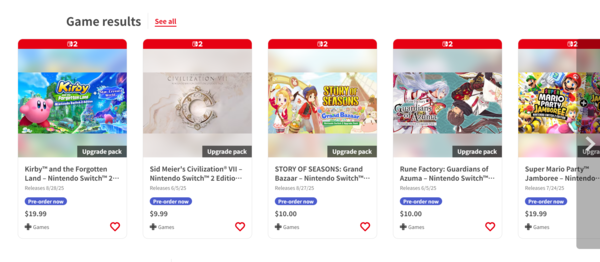 任天堂Switch 2游戏升级包价格公布 最高达20美元