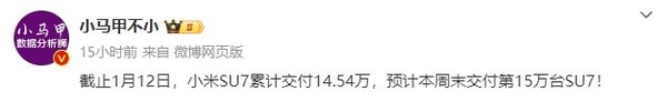 小米SU7预计本周末交付第15万台!今年目标为30万台
