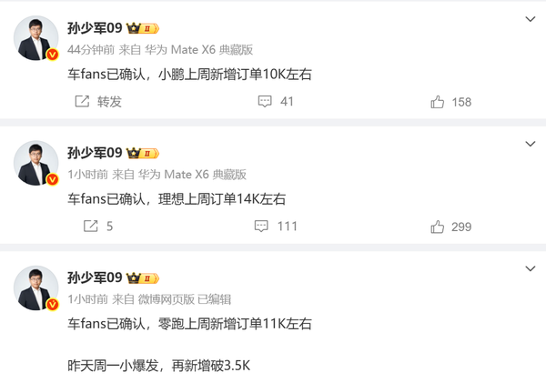 理想小鹏零跑上周新增订单数据出炉:最高达1.4万份