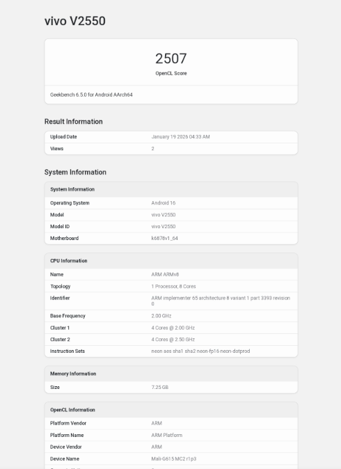 vivo V70 FE现身Geekbench 或搭载天玑7300处理器