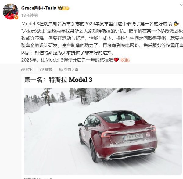 陶琳:特斯拉Model 3获24年瑞典最佳车型 六边形战士