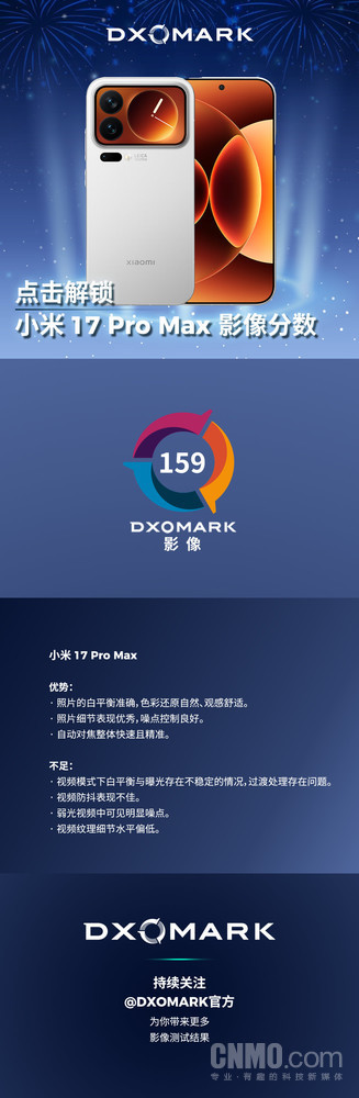 小米17 Pro Max影像成绩出炉:拍照优秀 视频有短板