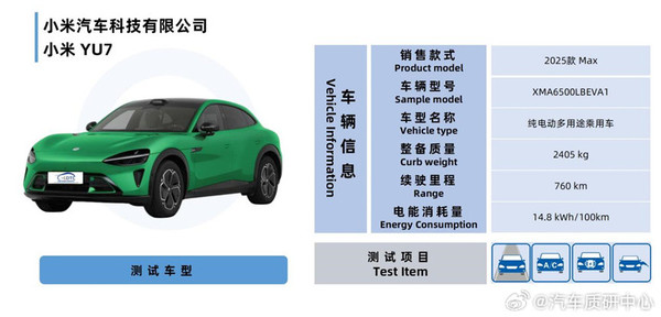 雷军发文：小米YU7获得一级能效认证 专业机构评定