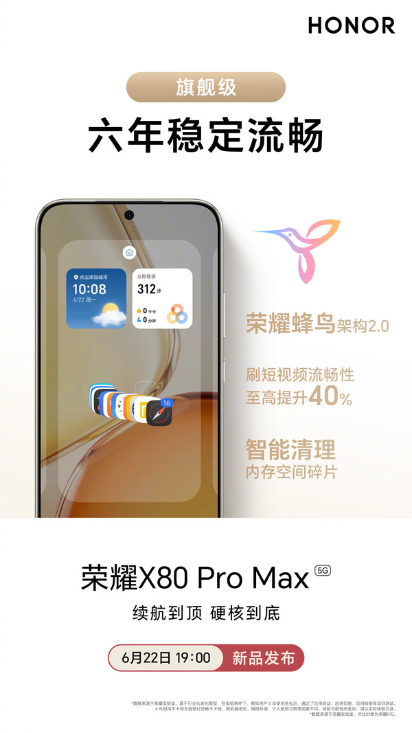 荣耀X80 Pro Max适配全新荣耀蜂鸟架构2.0 主打六年流畅