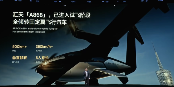 小鹏公布全倾转固定翼飞行汽车A868 续航可达500km