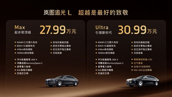 正式售价27.99万元起 岚图追光L杀入豪华轿车市场