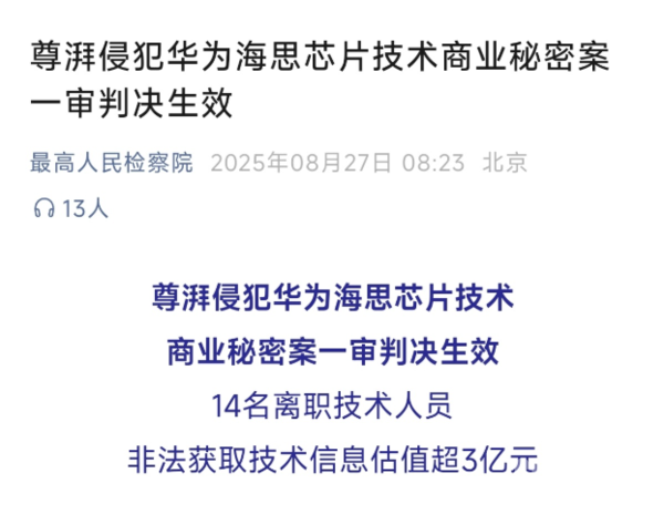 尊湃侵犯华为案一审判决生效:多人被判刑 最高六年