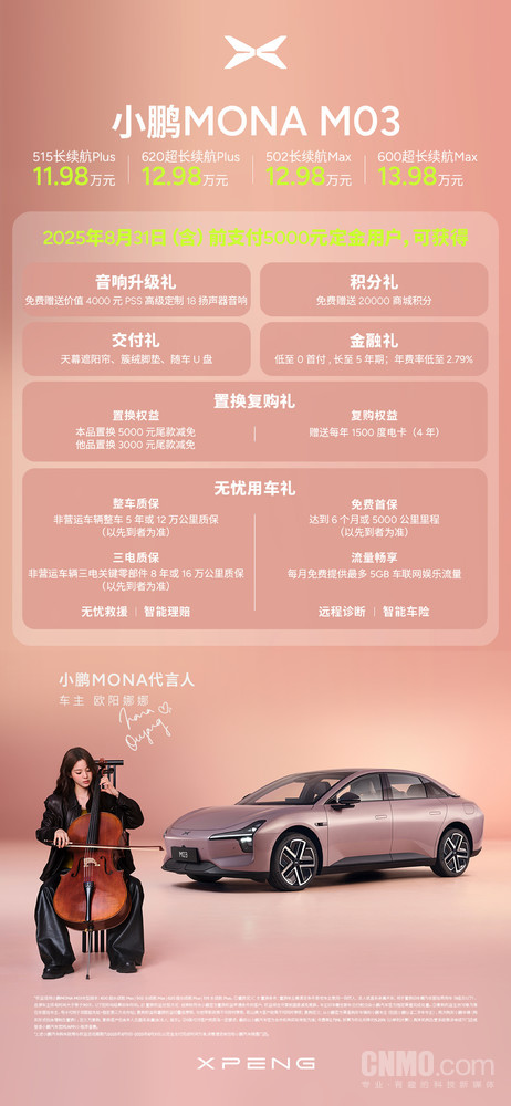 11.98万起！小鹏MONA M03 8月购车权益：低至0首付