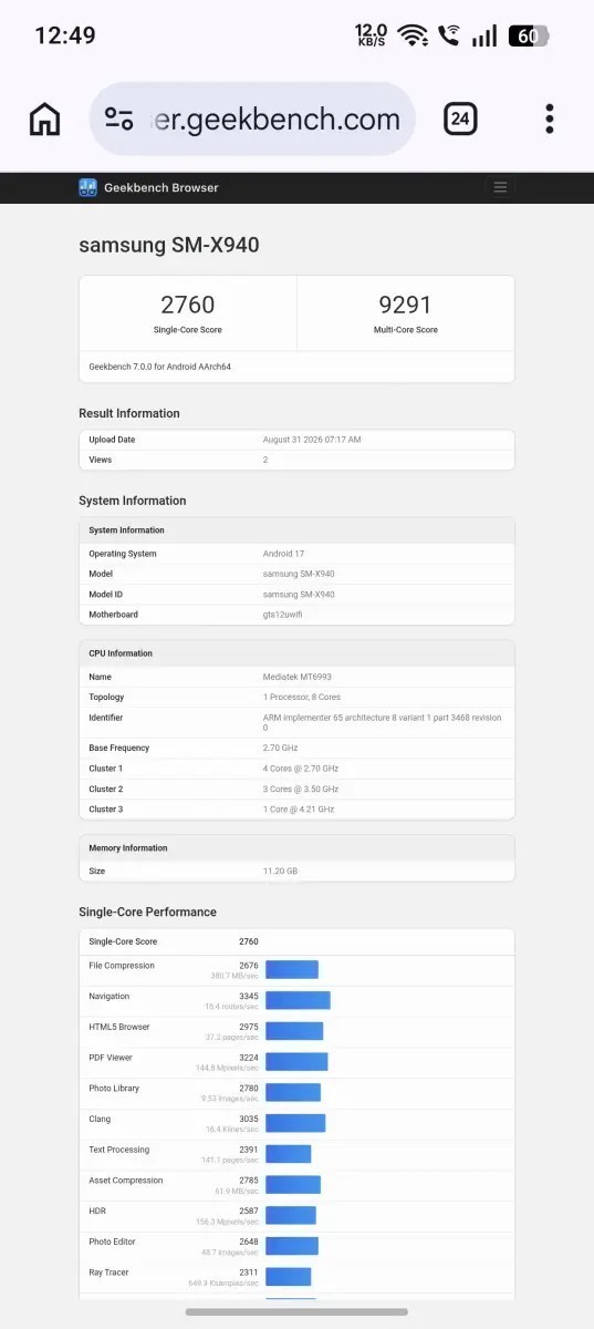 三星Tab S12 Ultra现身Geekbench 搭载天玑9500