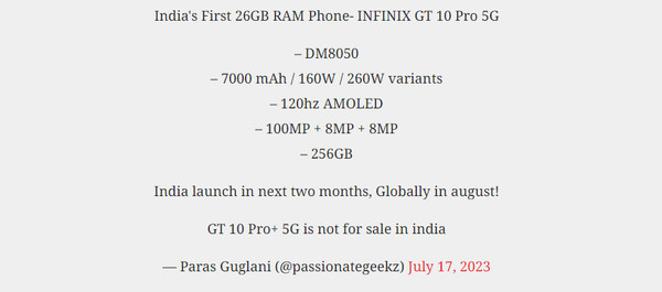 Infinix GT 10 Pro参数爆料