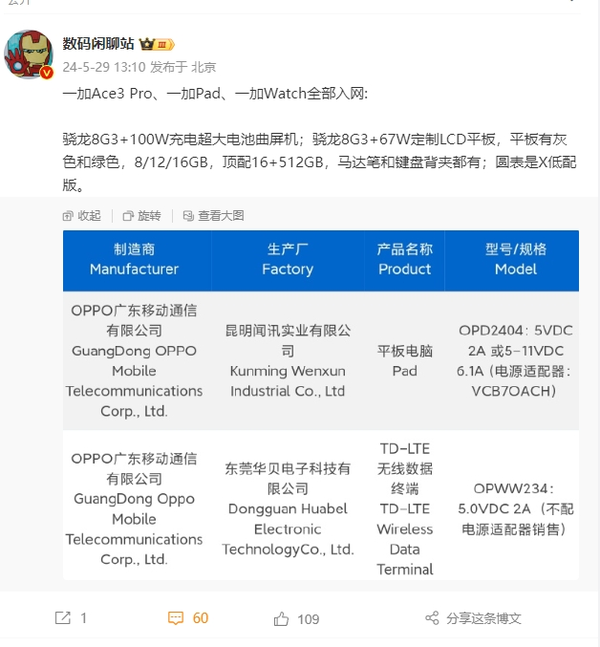 一加Ace3 Pro、Pad、Watch入网 “加人”这回硬气了！