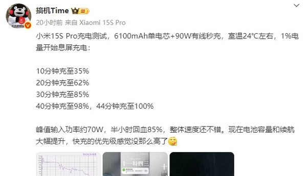 小米15S Pro充电实测:6100mAh大电池44分钟充满