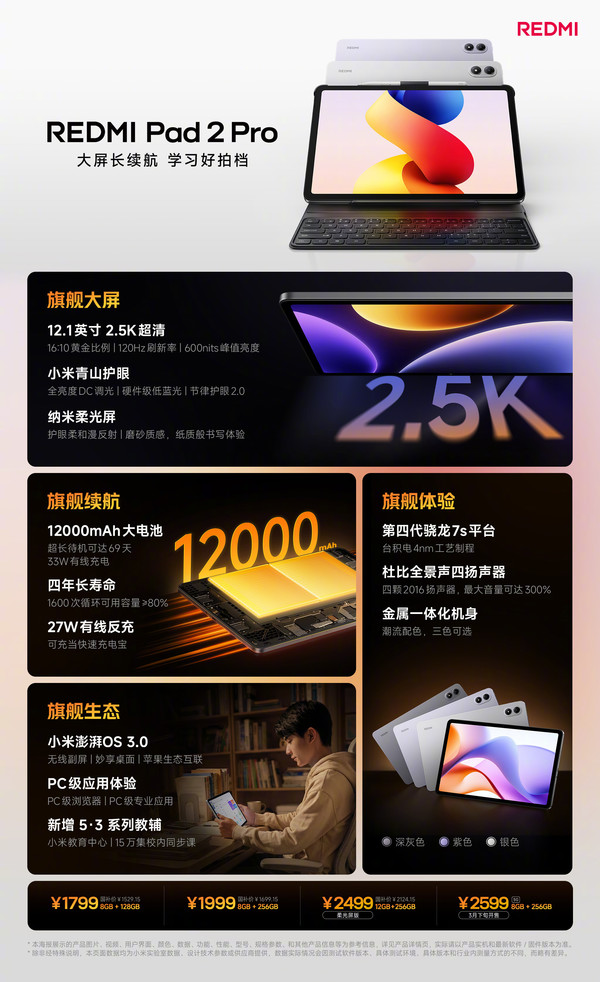 1799元起！REDMI Pad 2 Pro发布 搭载第四代骁龙7s