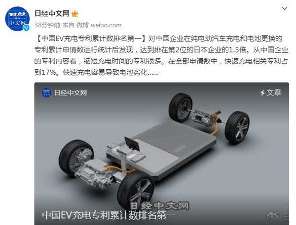 日媒:中国电车充电专利累计数第一 是日本的1.5倍