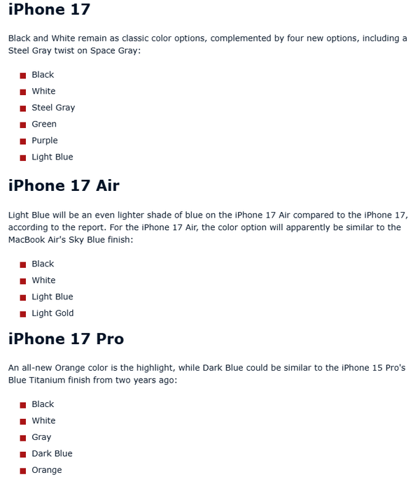 曝苹果iPhone 17全系共提供15种配色 预计9月发布