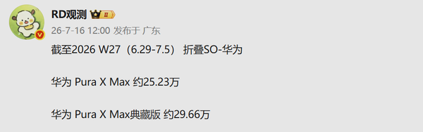 华为Pura X Max系列销量
