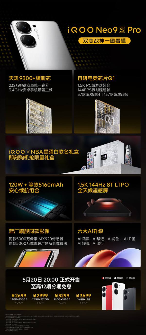 iQOO Neo9S Pro发布即开售 限时2699元起 搭载天玑9300+