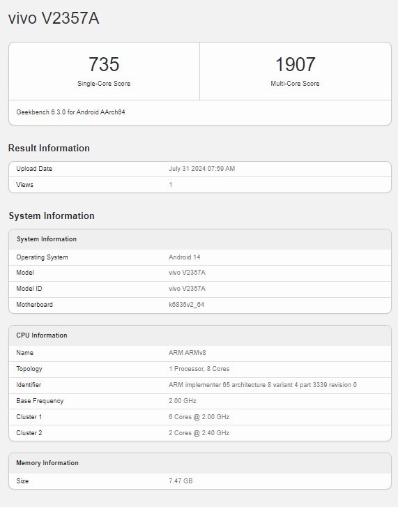 vivo Y36系列新机现身Geekbench 搭载联发科天玑芯片