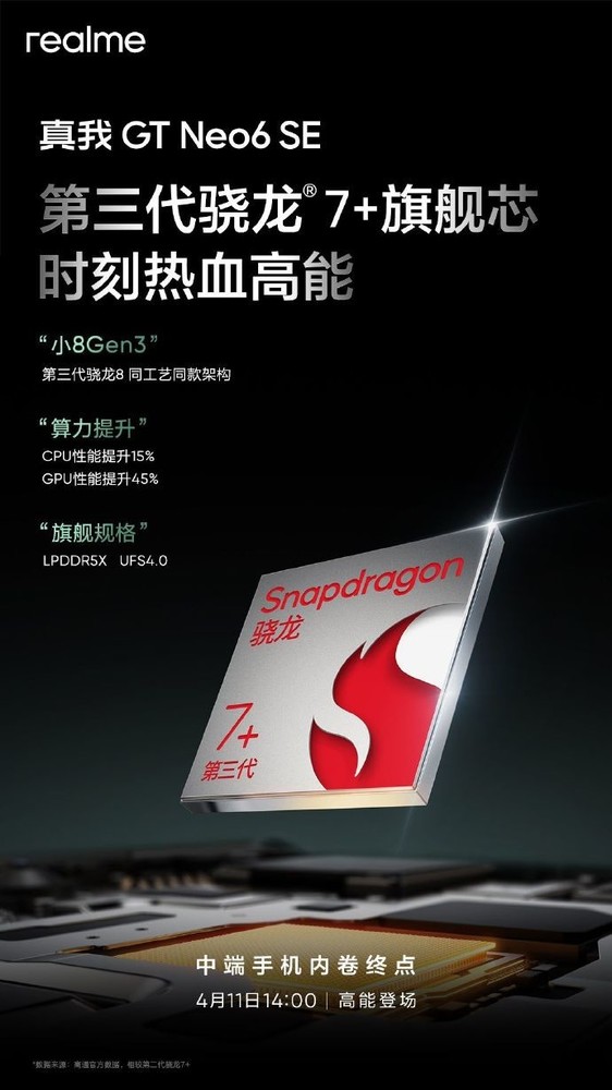 真我GT Neo6 SE官宣搭载骁龙7+ Gen3 号称“小8 Gen3”