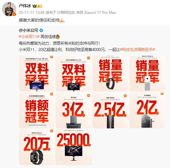 小米双11战报公布：多款产品获销量冠军 卢伟冰回应
