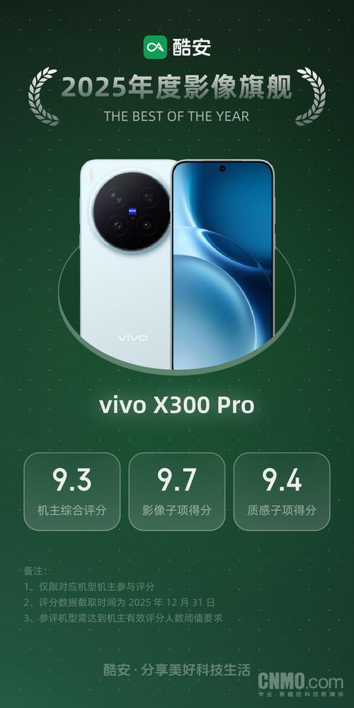 酷安2025年度影像旗舰揭晓:vivo X300 Pro以9.7分登顶