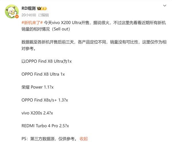 近期多款新机销量数据曝光:红米和vivo新机销量最高