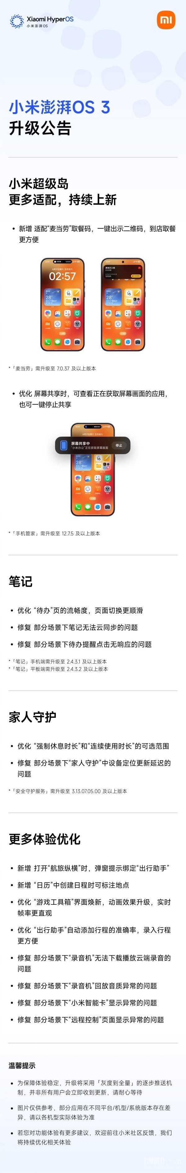 小米澎湃OS3近期升级：超级岛适配更多应用 笔记功能优化