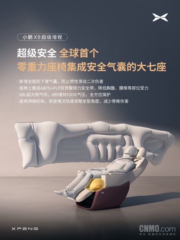 同级最舒适!小鹏公布X9超级增程二排零重力座椅信息