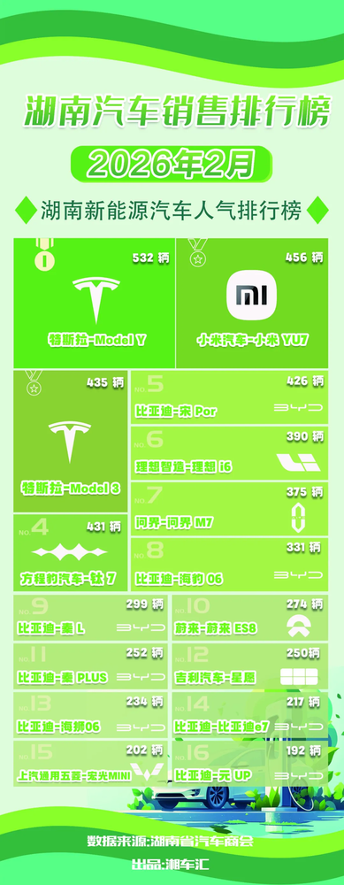 2月湖南新能源车上险量达1.7万辆！小米YU7拿下亚军