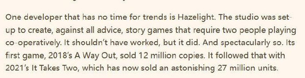 《双人成行》全球销量突破2700万份 制作人称下部更好