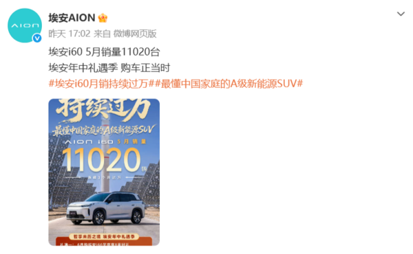 埃安i60 5月销量达11020台 连续3个月销量突破一万台