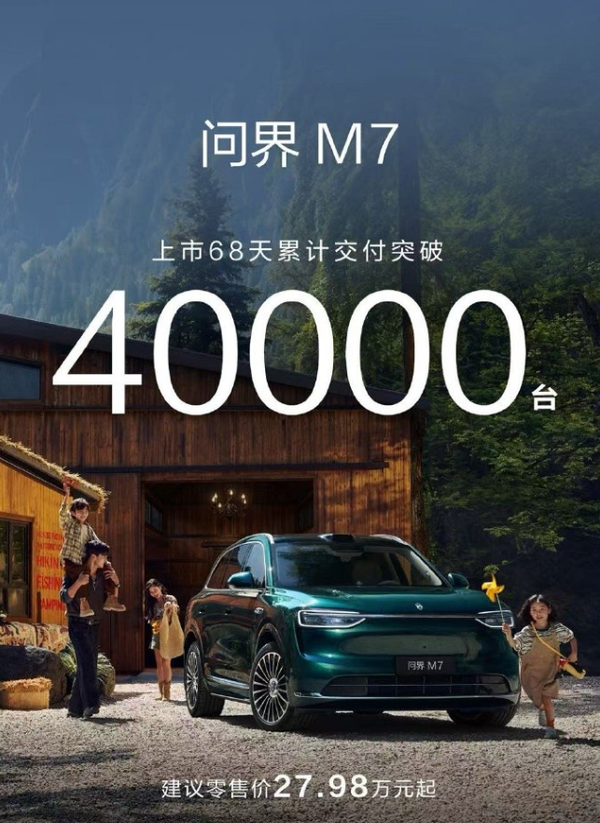 新款问界M7累计交付破4万台 上市仅68天 支持华为ADS
