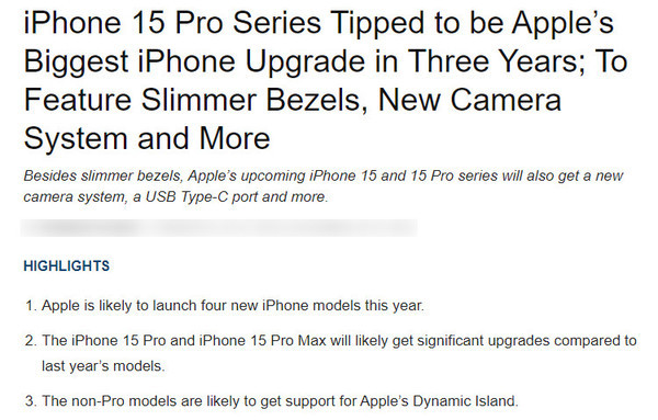 外媒：iPhone 15 Pro将是苹果三年来最大的iPhone升级