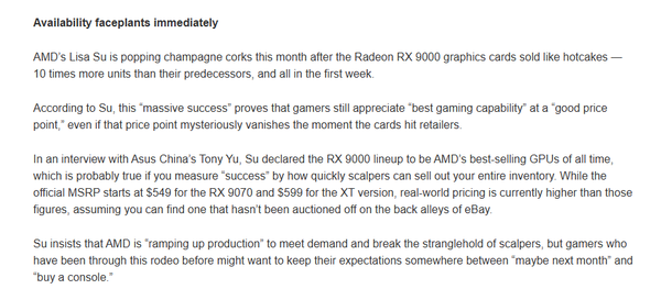 RX9000系列是AMD有史以来最畅销GPU 但供应难题依旧