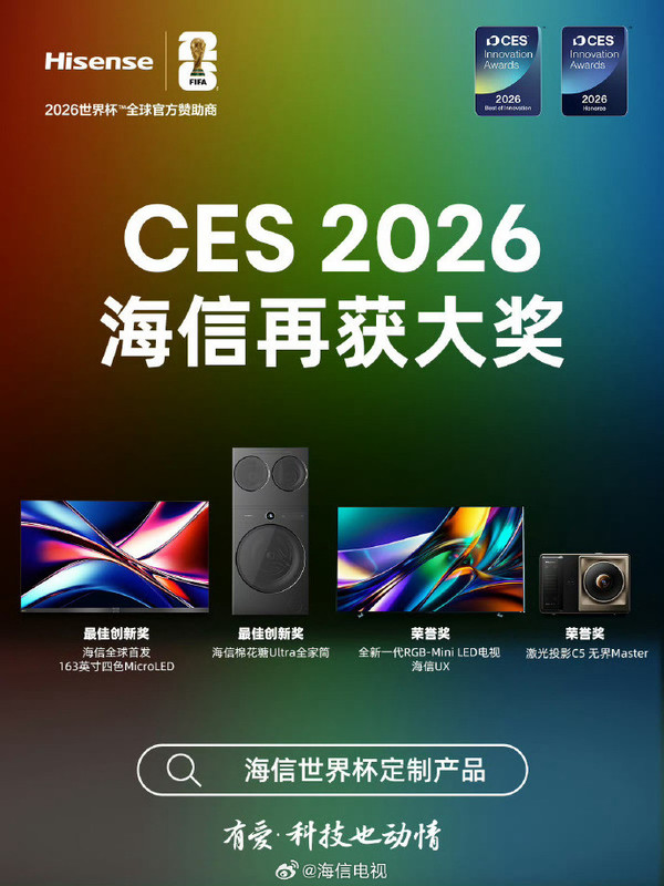 海信斩获CES2026多项奖 全球首发全新一代RGB-Mini LED技术