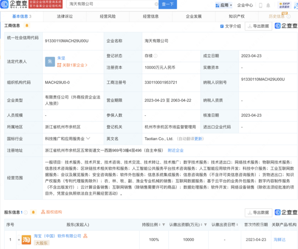 淘宝中国成立新公司