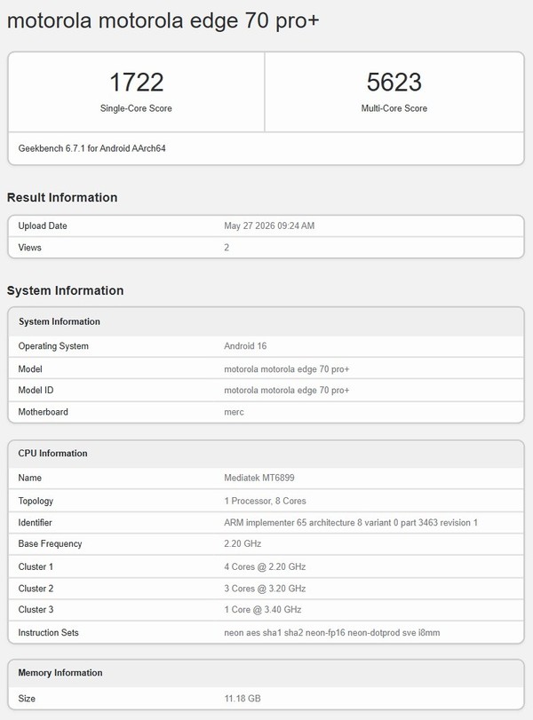 摩托罗拉edge 70 Pro+亮相Geekbench