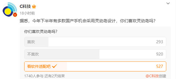 下半年多款安卓手机将采用灵动岛 超半数网友并不喜欢